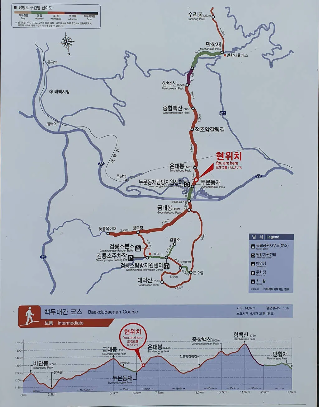 백두대간 검룡소 - 두문동재 - 함백산 - 만항재 트레킹 코스 안내도