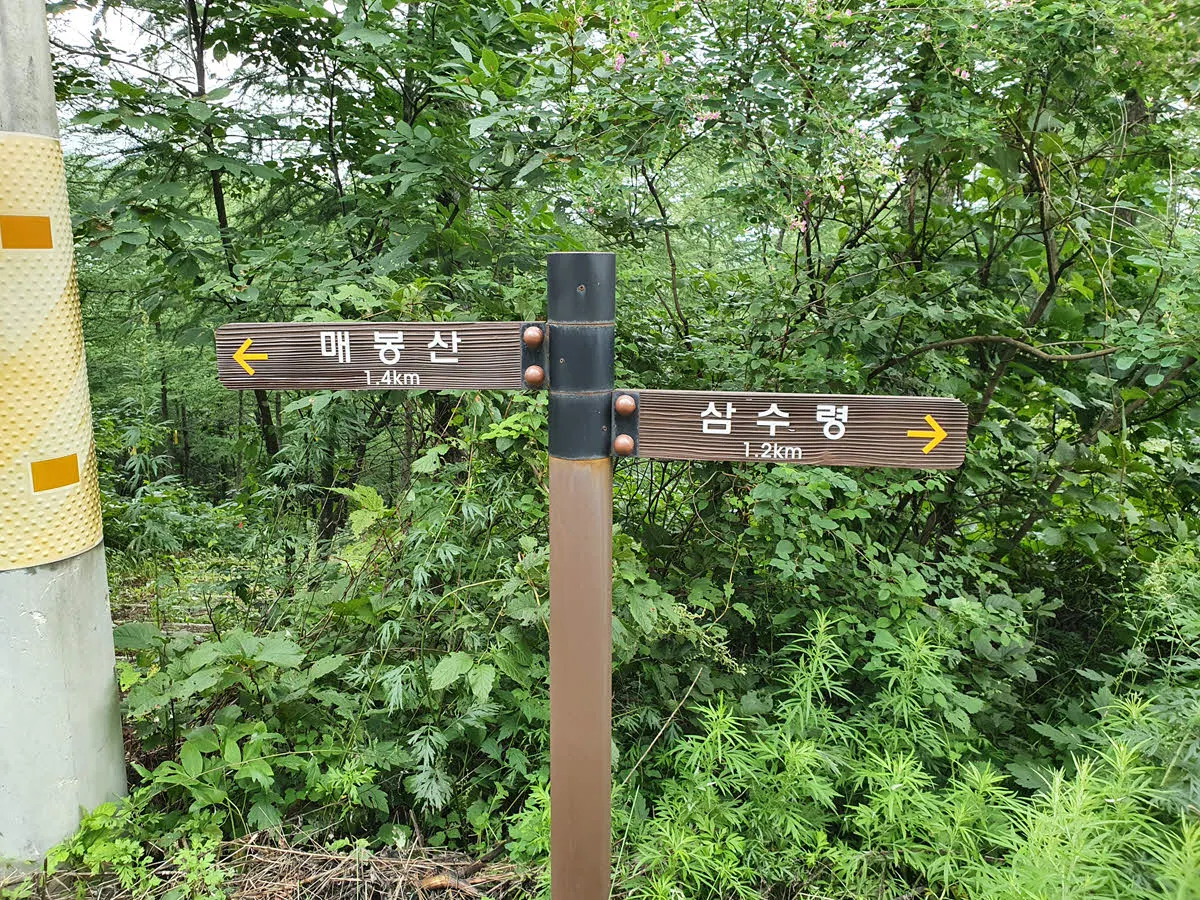 삼수령에서 매봉산 까지는 2.6 km임을 알려주는 이정표