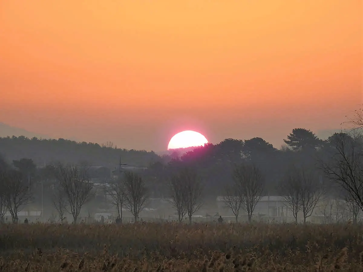 구름한점 없는 하늘로 솟아오르는 2023년 1월 1일의 태양
