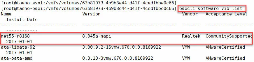 Realtek 랜카드 드라이버의 VIB 이름 확인