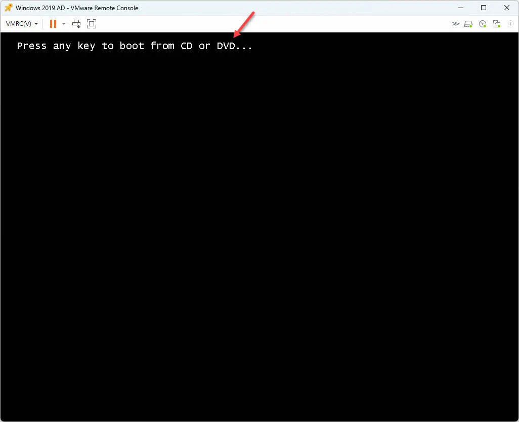 VMRC에서 Windows Server 가상 시스템을 최초로 시작한 화면