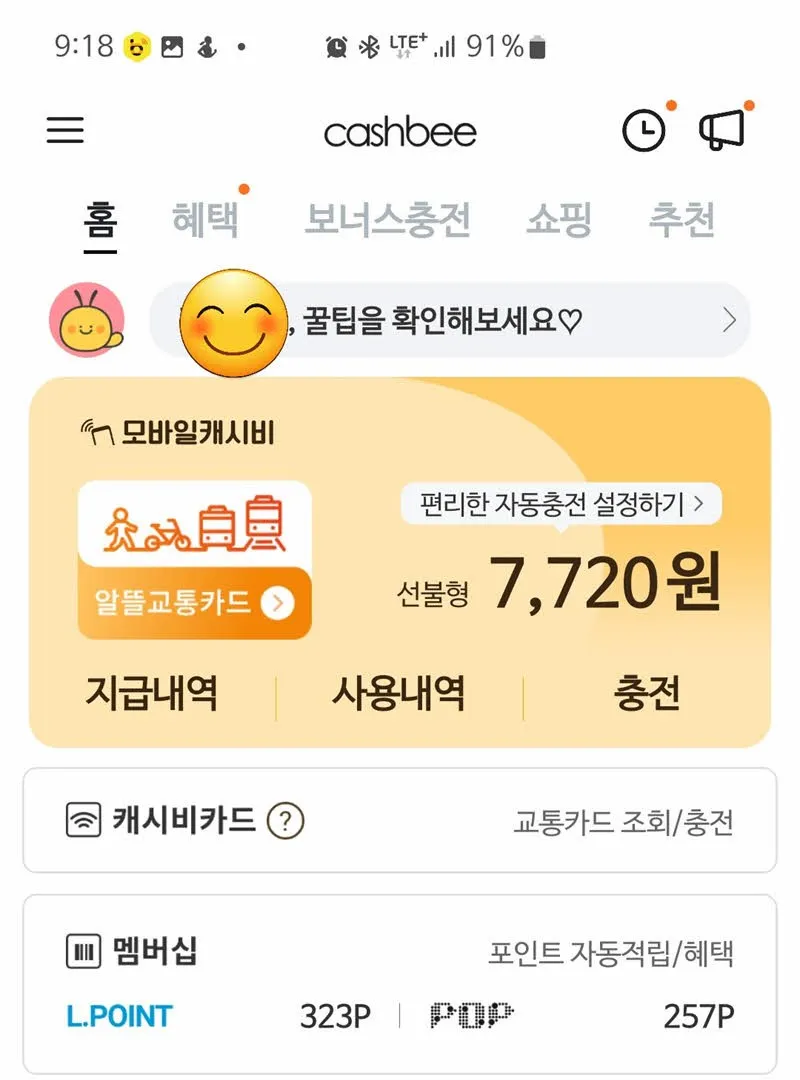 모바일 캐시비가 알뜰교통카드로 등록된 화면