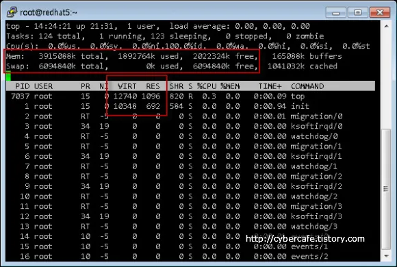 top 명령의 virt, res를 통한 메모리 모니터링