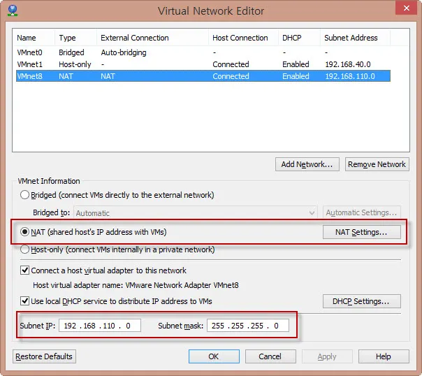 VMWare Player 12.1 에서 NAT IP 변경하기