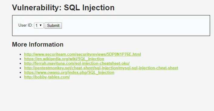 DVWA의 SQL 인젝션 실습 화면