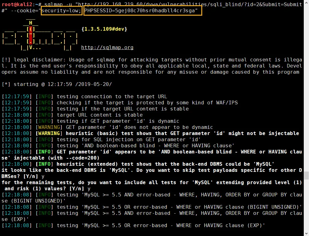 SQL Map에 session id와 security level을 입력하기