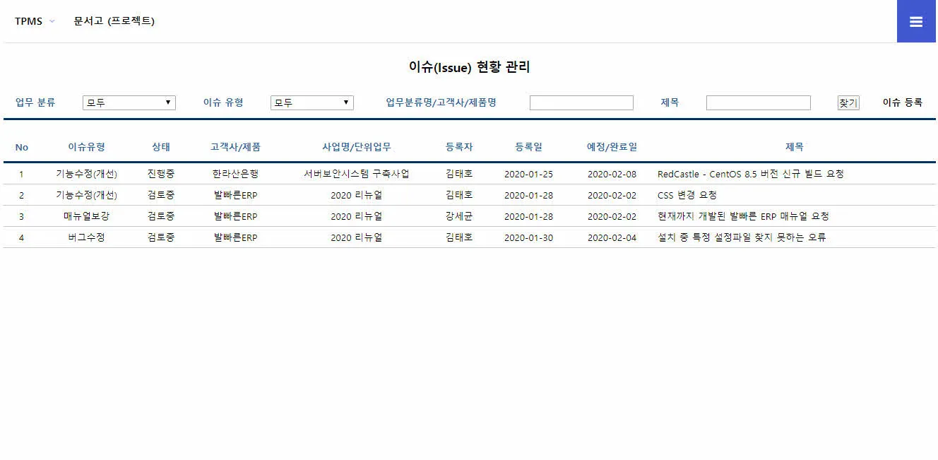 기술지원 업무관리 시스템 - 이슈관리/현황
