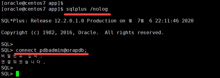 pdb접속을 위한 connect 명령