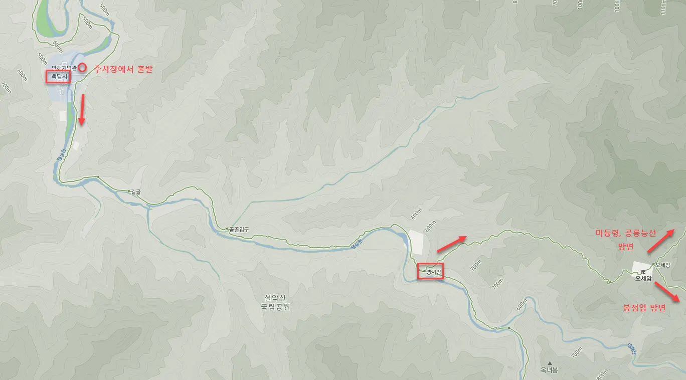 백담사에서 오세암 트래킹 코스 지도