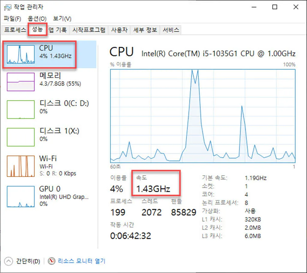 Windows 10의 작업관리자에서 변화하는 CPU 클럭 확인