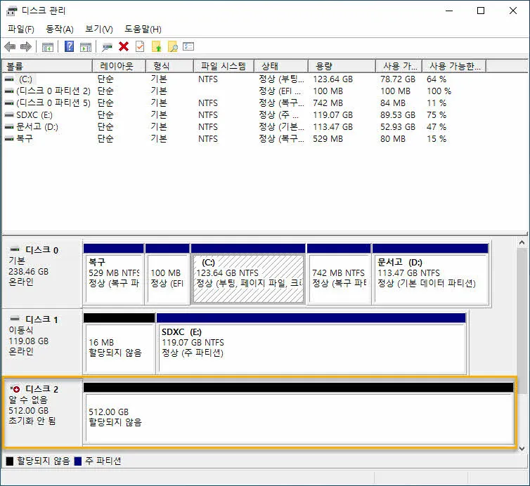 새롭게 추가되어초기화 되지 않은 디스크 2
