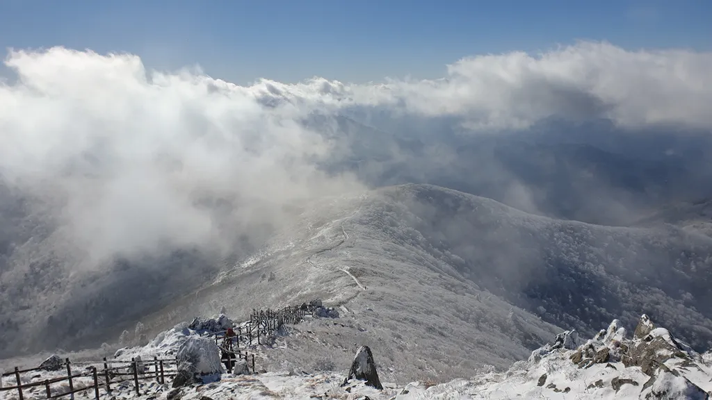 덕유산 중복에서 바라본 눈 덮인 덕유평전