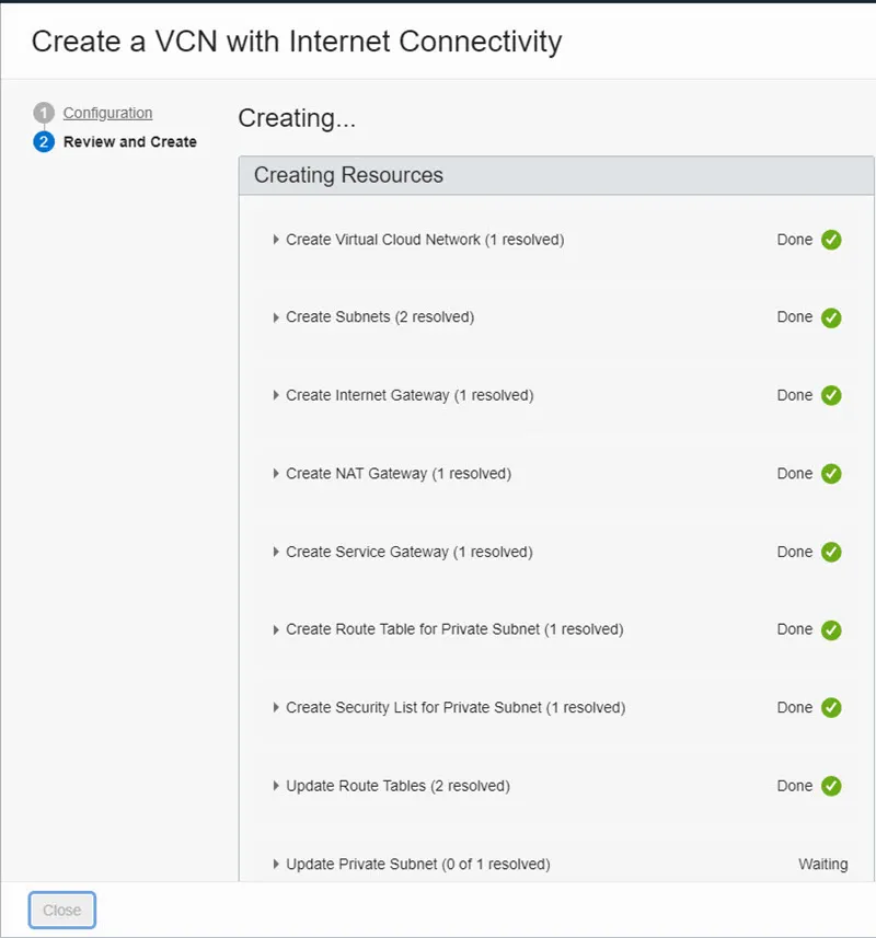 오라클 클라우드 VCN 생성 중
