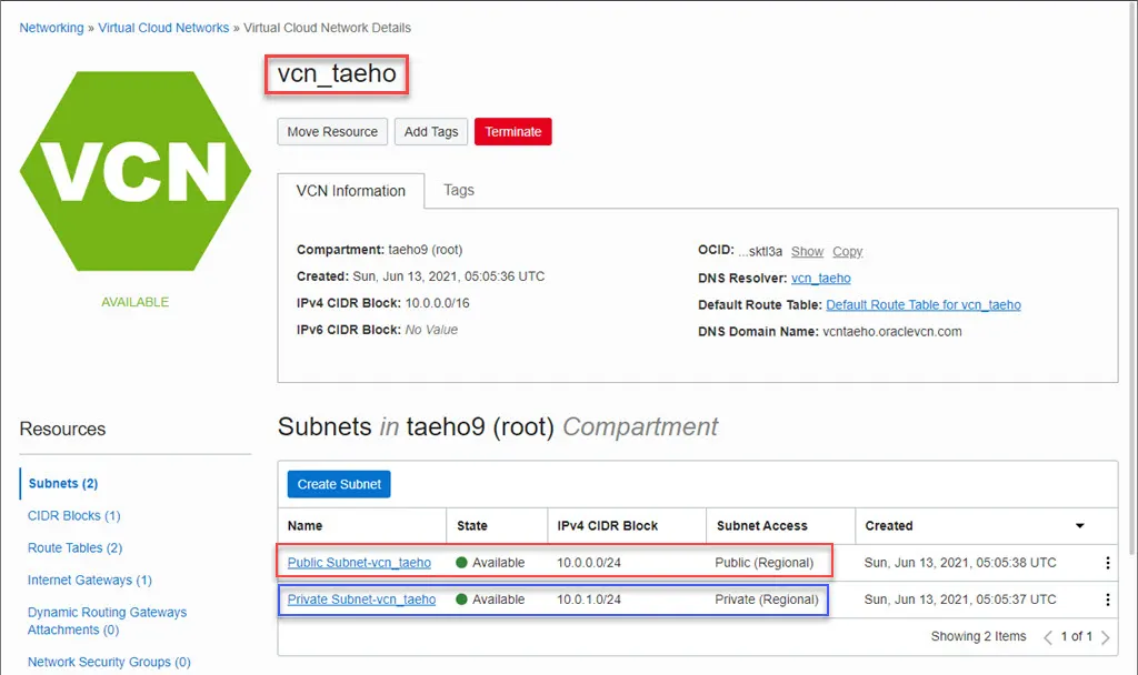 생성된 VCN과 VCN내의 SUBNET