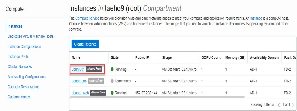 Oracle Cloud에서 실행중인 Instance 목록