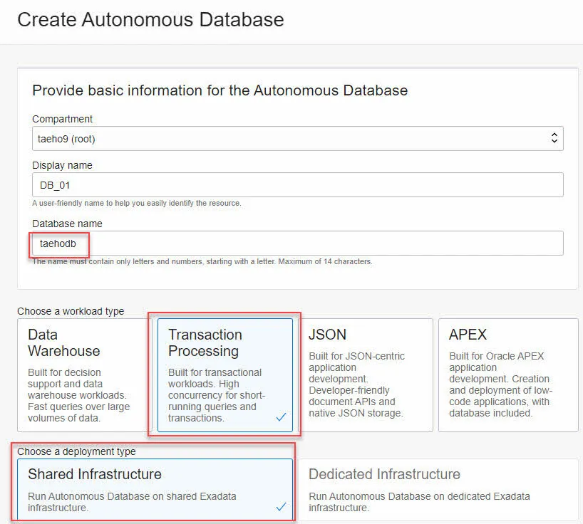 Oracle Cloud Database Create
