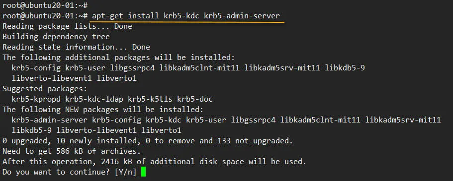 apt-get install krb5-kdc krb5-admin-server -y , 커버로스 서버설치