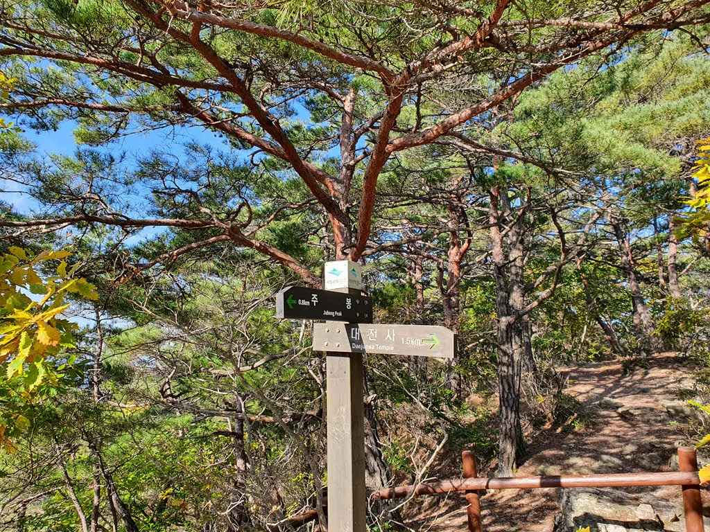대전사에서 주봉으로 가는 능선에 오르면 나오는 이정표