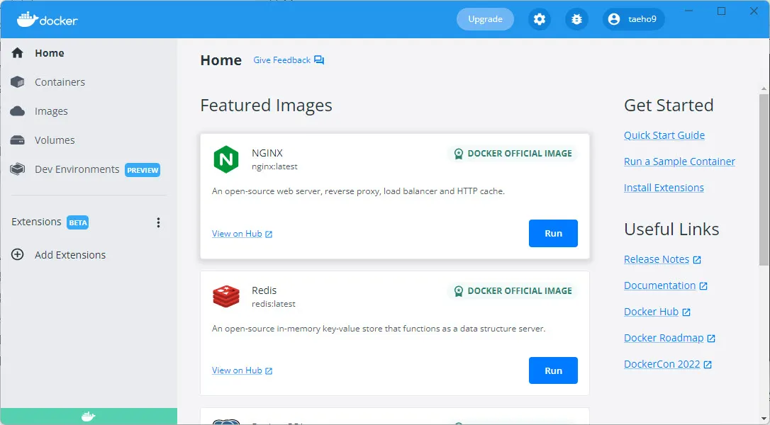 Docker Desktop의 Home 화면