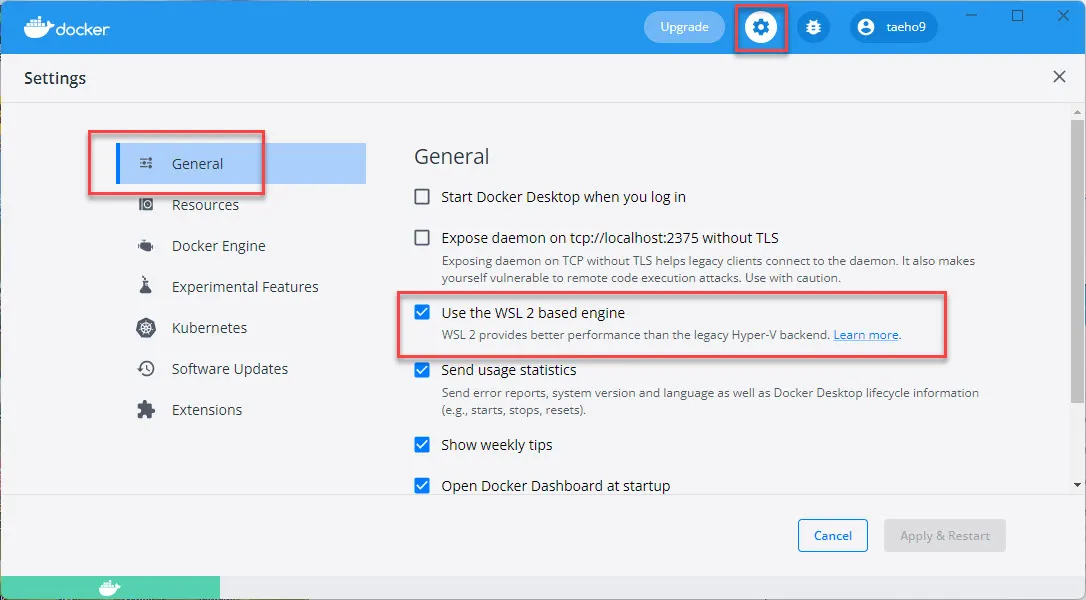Docker Desktop의 WSL 2 기반 엔진 사용 설정