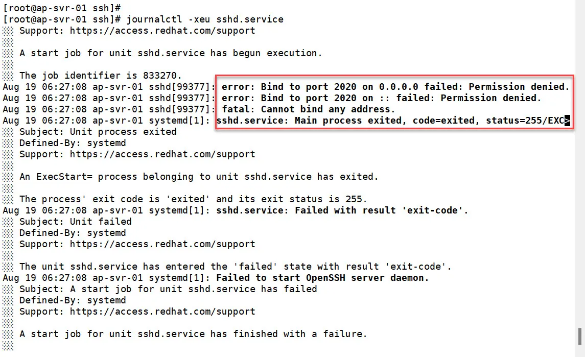 journalctl -xeu sshd.service