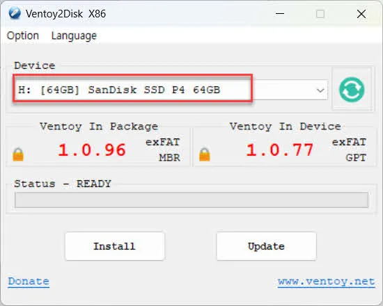 ventoy2disk가 USB 메모리를 선택한 화면
