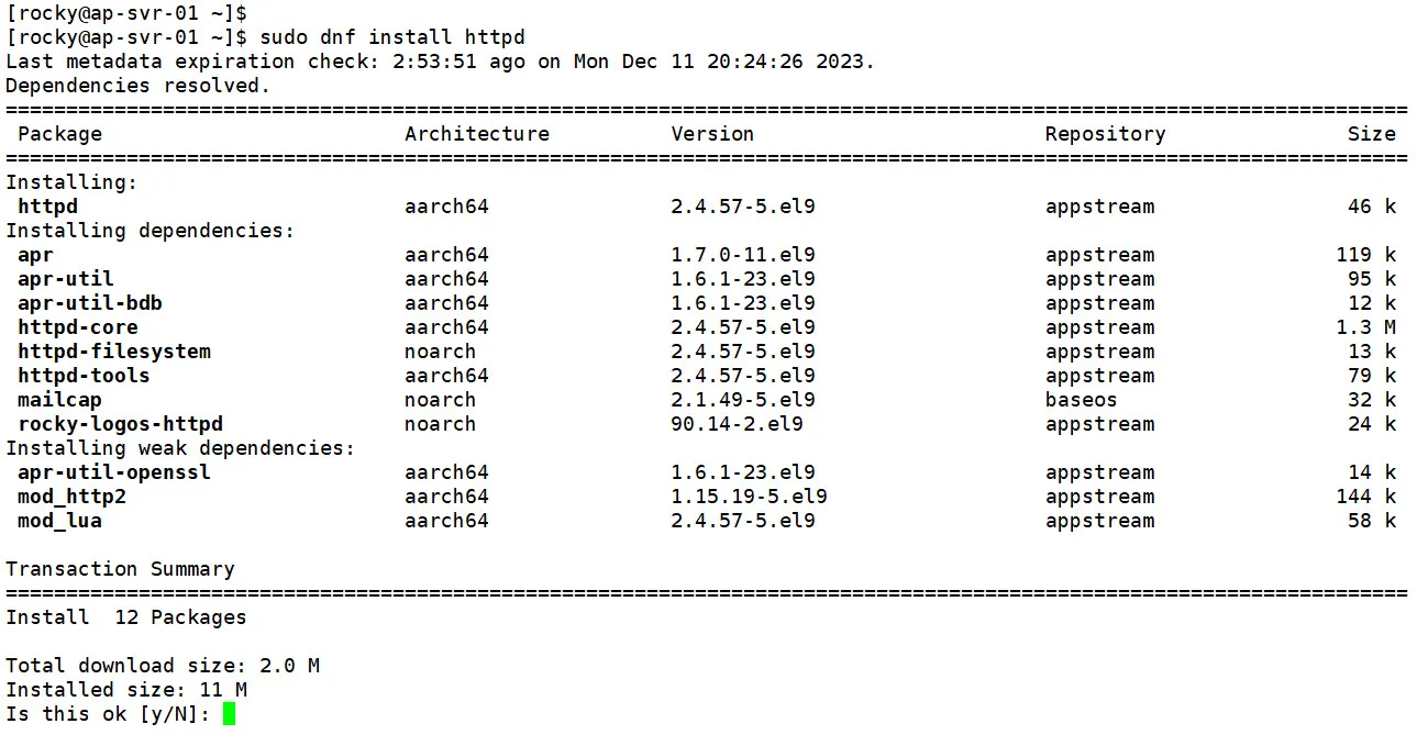 dnf 명령으로 Apache 웹서버 설치