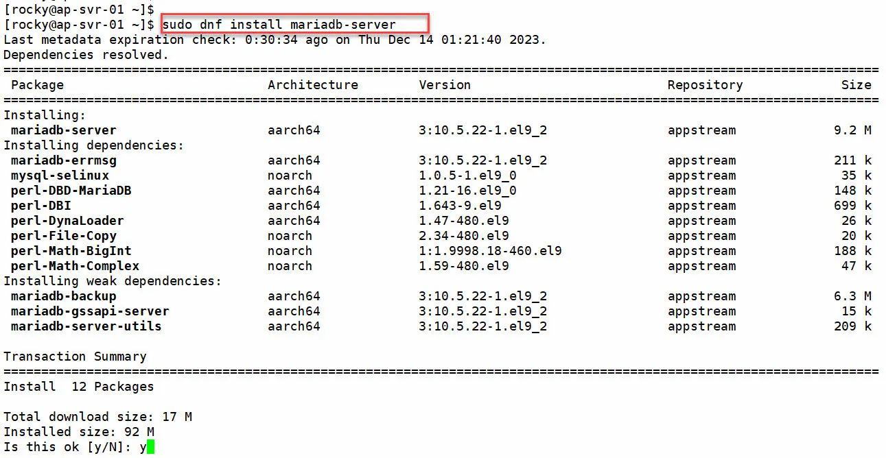 dnf 명령으로 mariadb 서버 패키지 설치