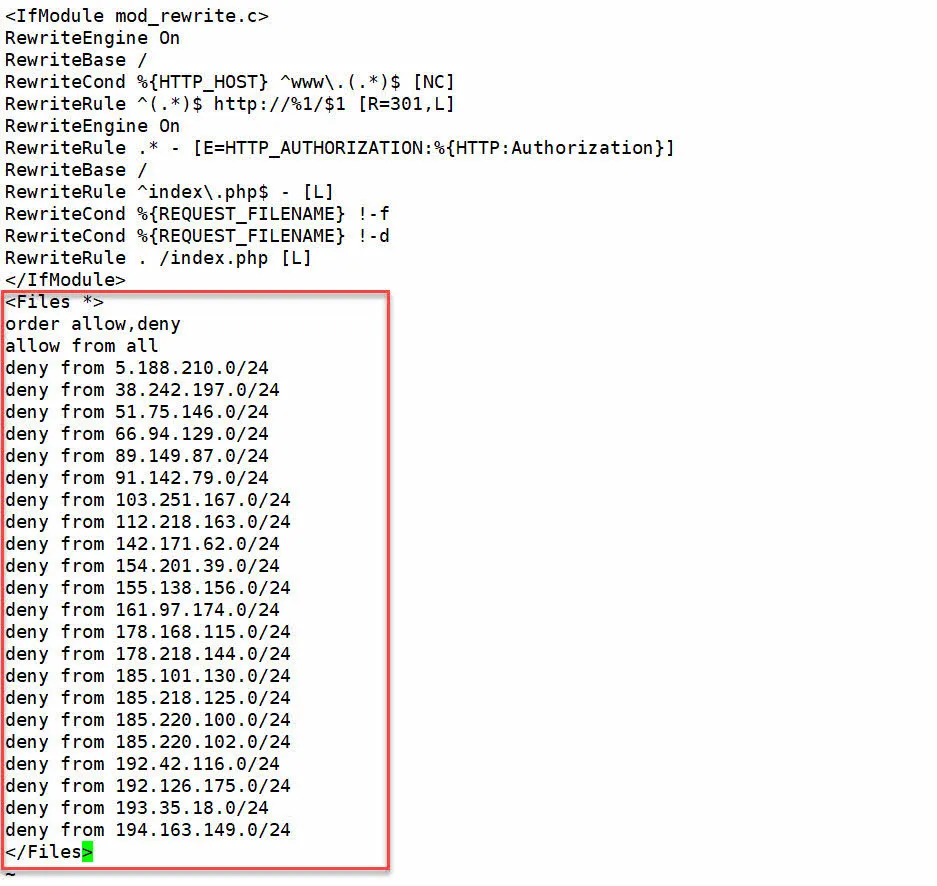 .htaccess 파일에 추가한 스팸댓글 작성 IP 접근차단 정책