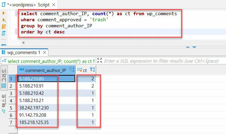 [워드프레스] 휴지통의 댓글을 IP 주소 기준으로 그룹지어 댓글을 많이 작성한 IP 주소부터 출력하기