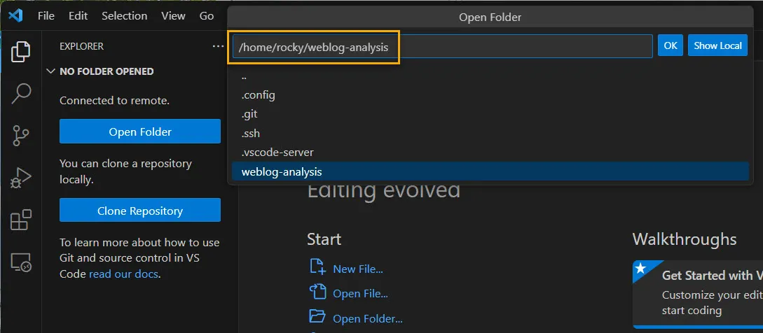 Open Folder의 경로 입력