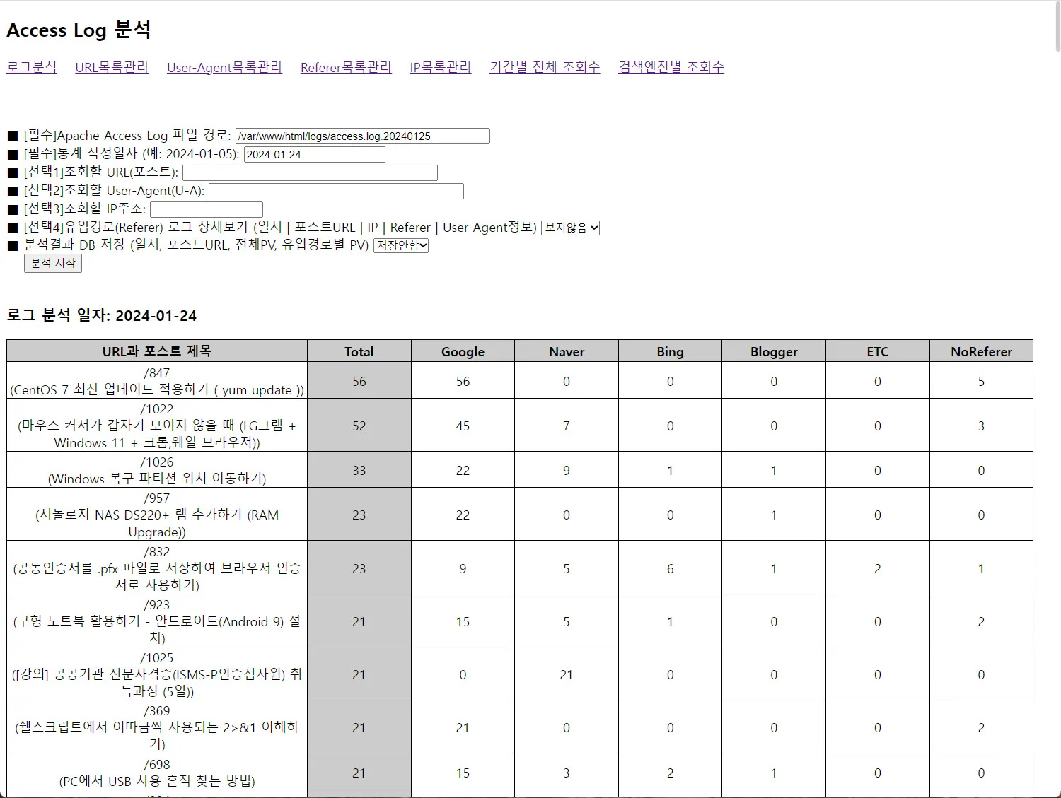 워드프레스 블로그 (apache) 로그 분석 결과 화면