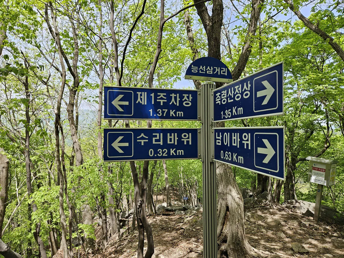 축령산 능선삼거리 이정표