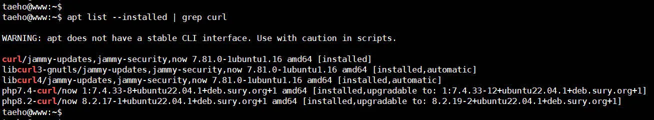 apt list --installed | grep curl 명령 실행 결과