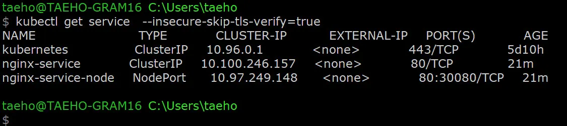 kubectl 명령으로 생성한 서비스 조회