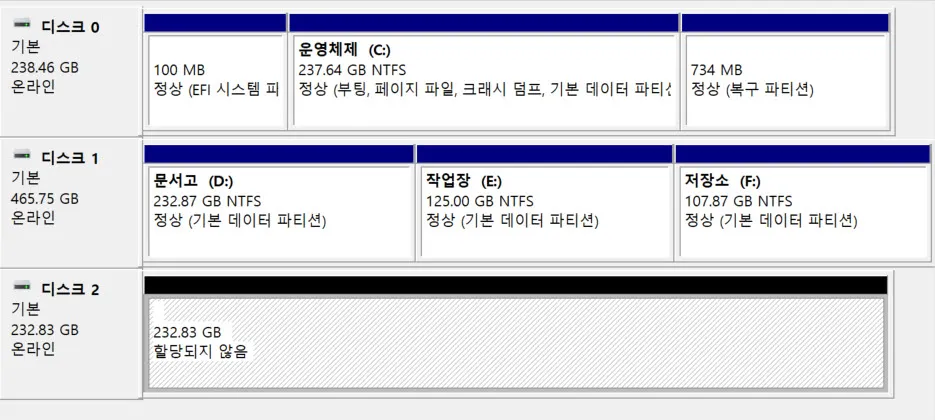 EC-7252를 RAID 1로 설정 후 인식된 용량