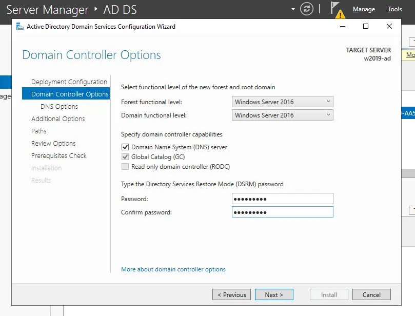 AD DS 구성마법사 - 도메인 컨트롤러 옵션