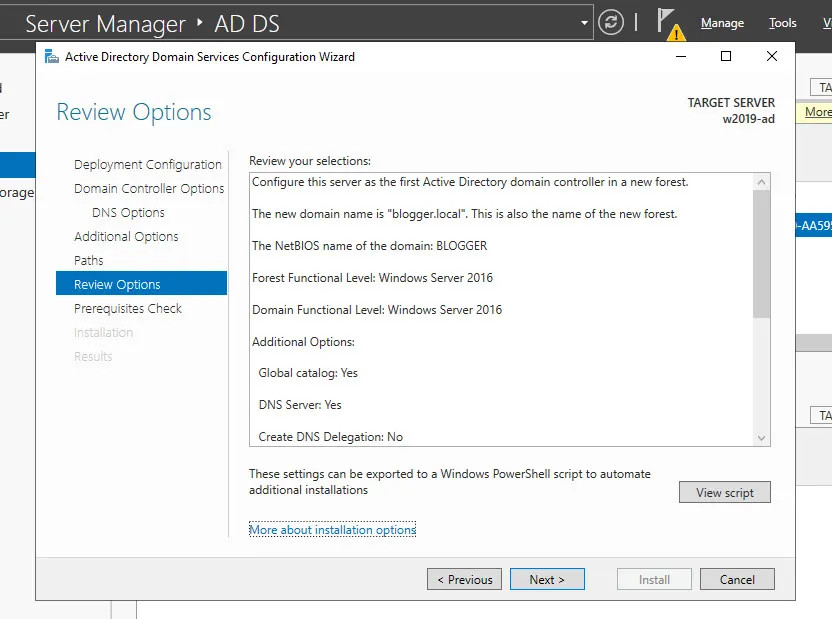 AD DS 구성 마법사 - 선택한 옵션 리뷰하기