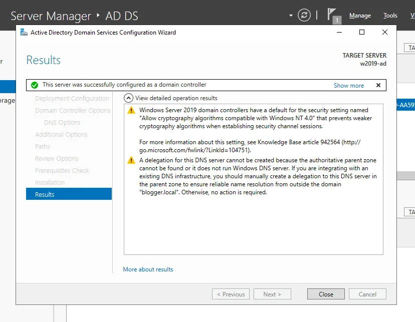 AD DS 마법사 - AD Domain Service 구성 완료