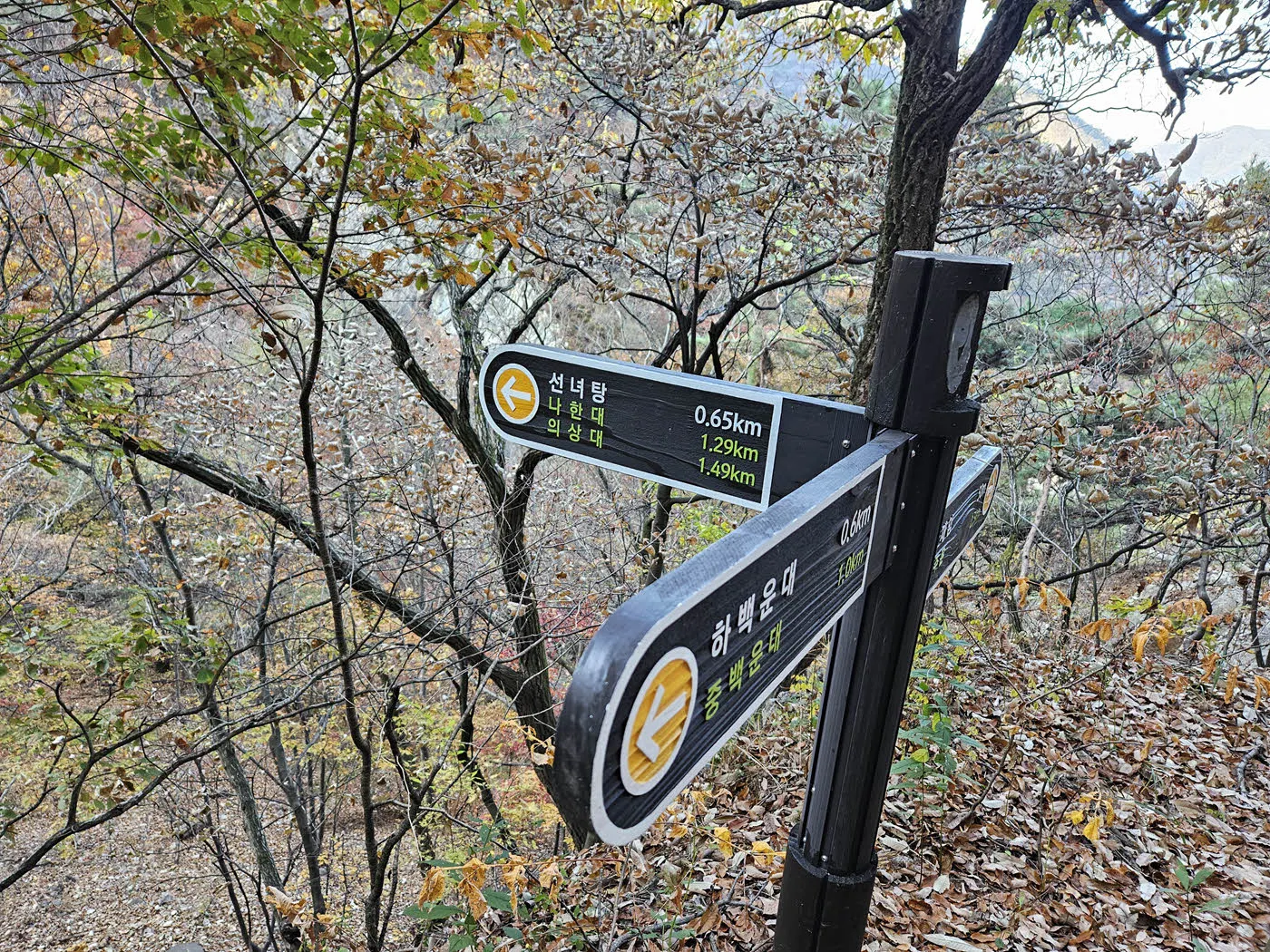 선녀탕 입구와 중백운대 방면 이정표