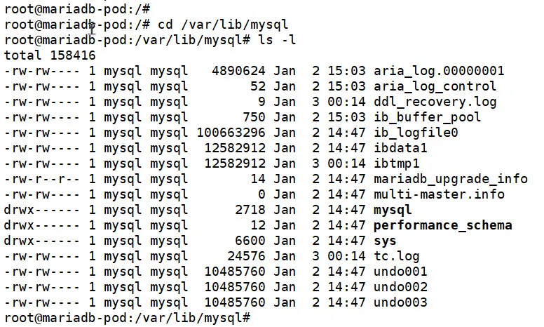 MariaDB Pod의  /var/lib/mysql 디렉토리