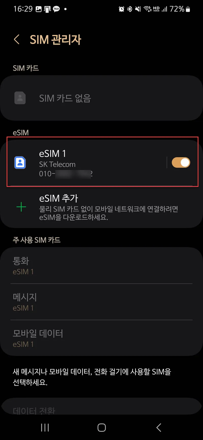 개통된 eSIM 회선 (SKT)