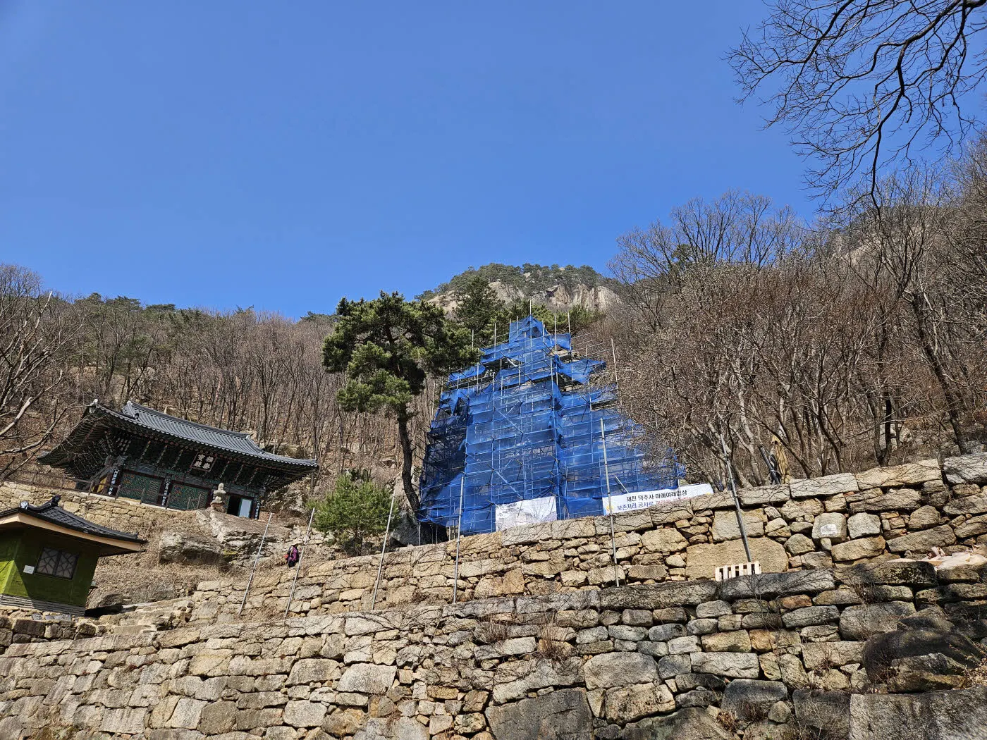 보수중인 마애여래입상