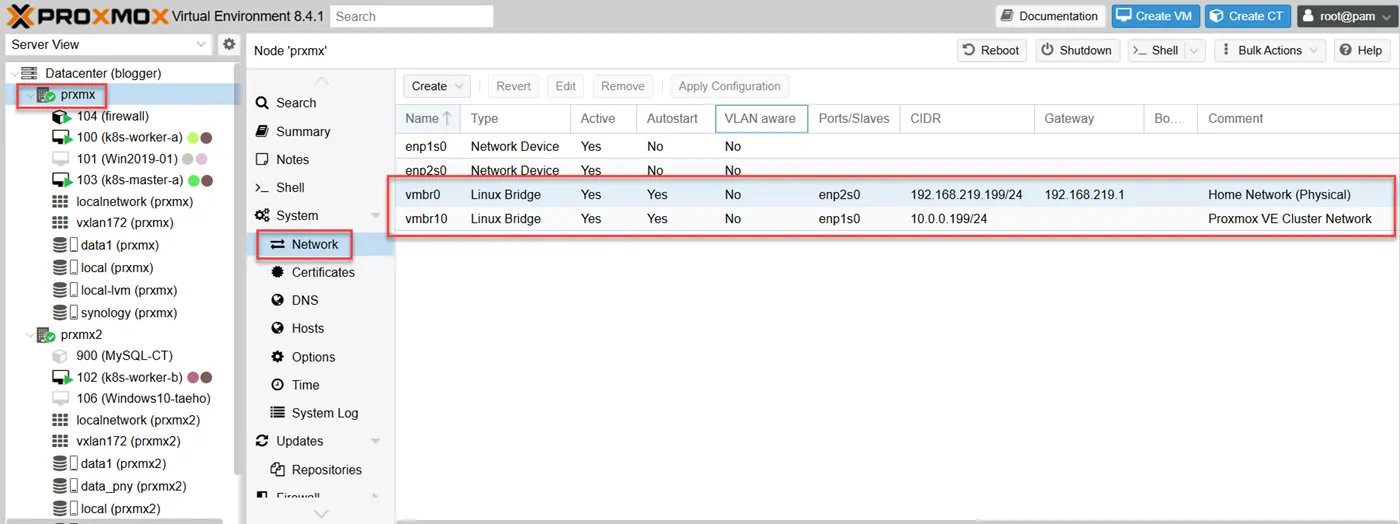 Proxmox 호스트에 할당된 두 개의 IP