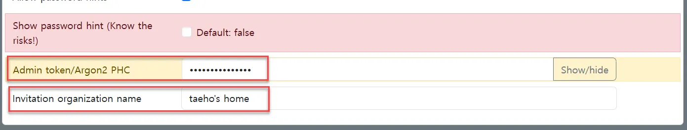 Vaultwarden site admintoken sitename