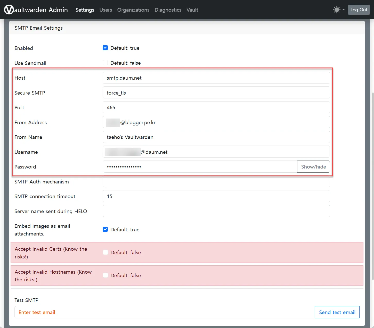 Vaultwarden smtp setting