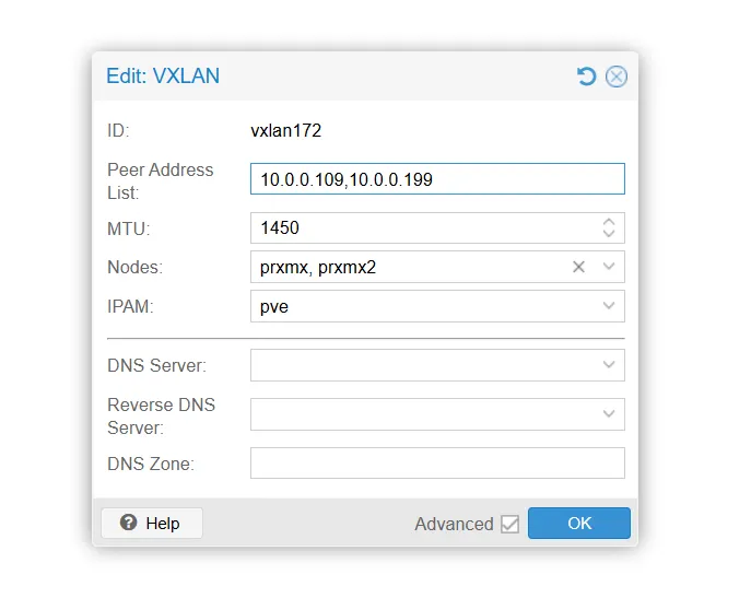 VXLAN 이름과 Peer Address 및 Node 입력