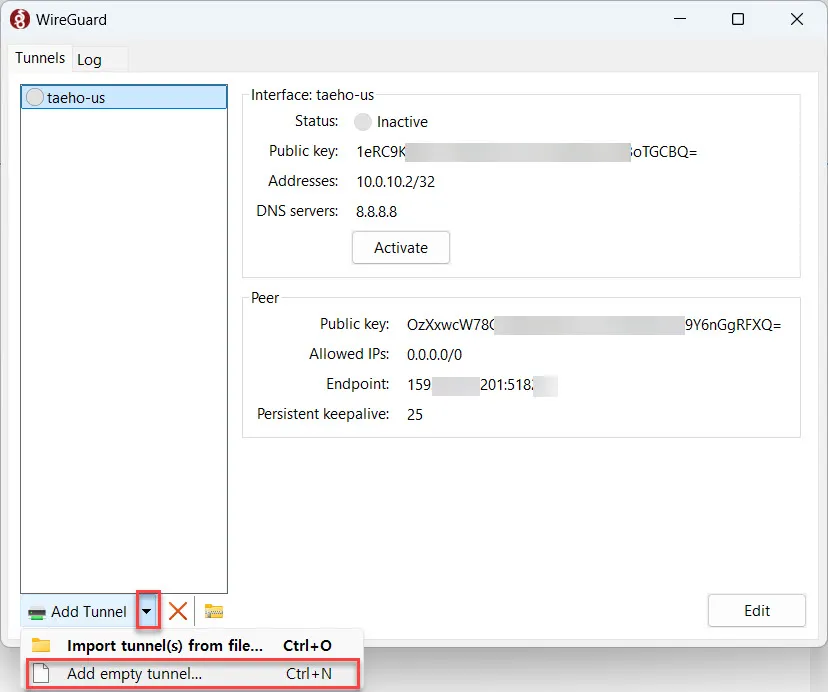 Wireguard client add empty tunnel