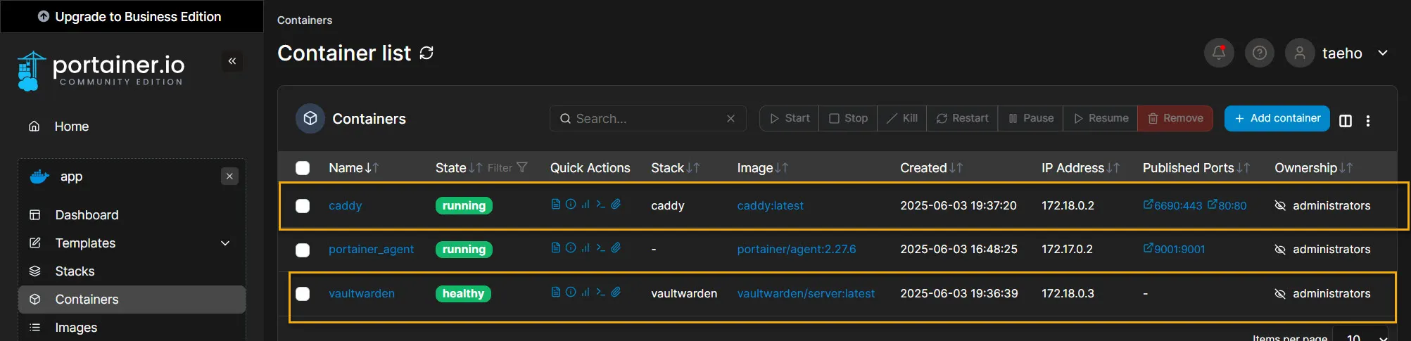 Portainer container list