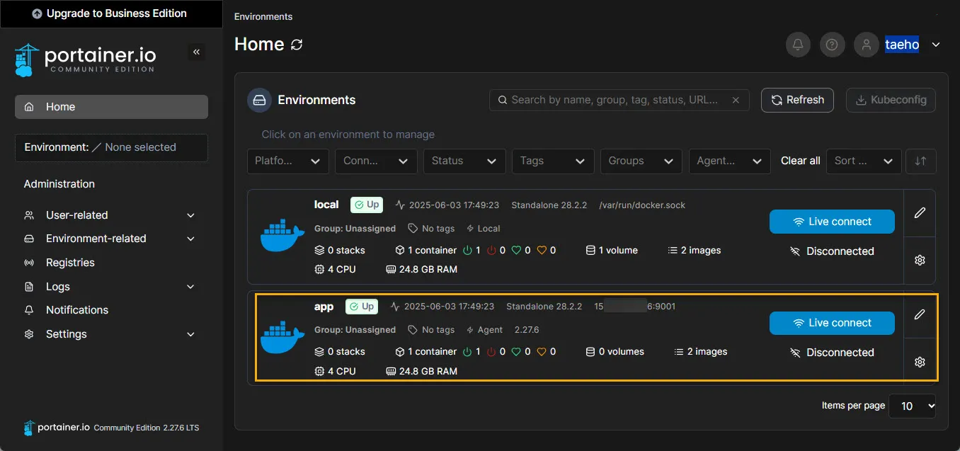 Portainer의 관리자 화면 - 2개 노드 구성